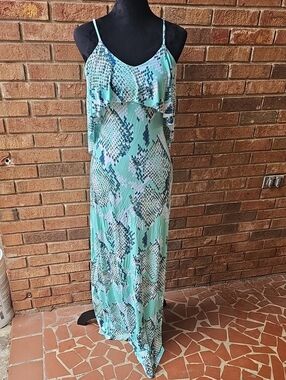 Tart Mint and Navy Snake-Print Ruffle Maxi Dress Size Small